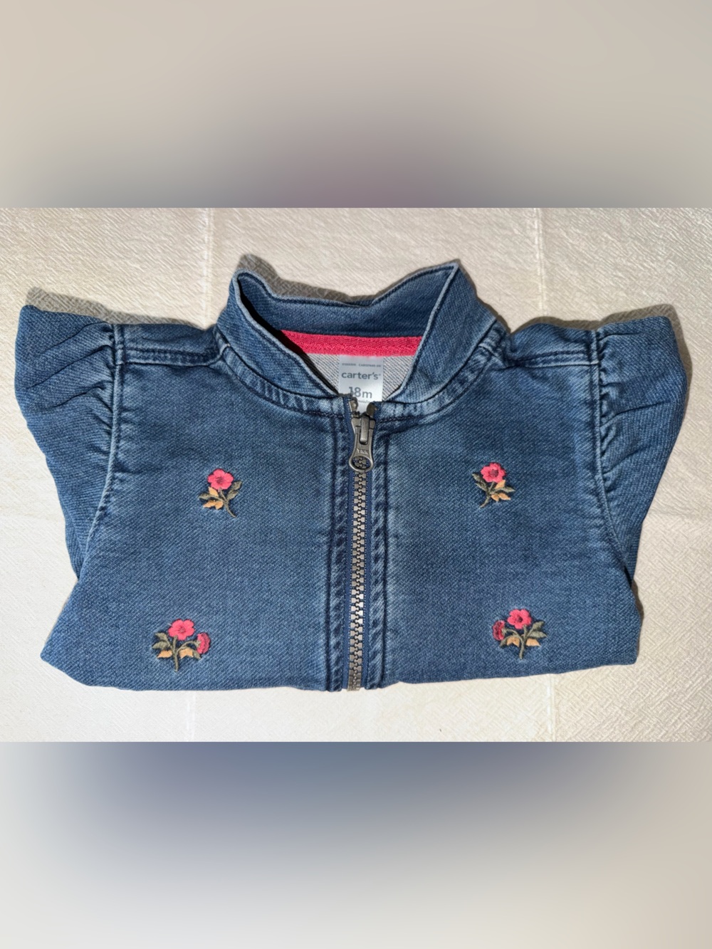 Carter's Blue Denim Baby Zip-Up Jacket with Pink Rose Embroidery